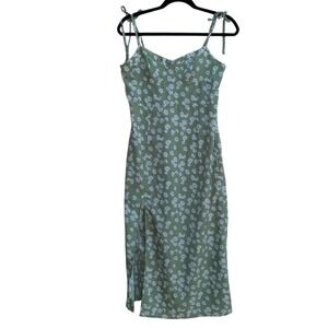 Green Floral Midi Dress Cottagecore Sundress Summer‎ Spaghetti Strap Slit